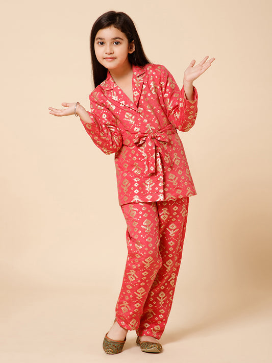 Piccolo-Silk Blazer Set With Pants And Belt-Pink