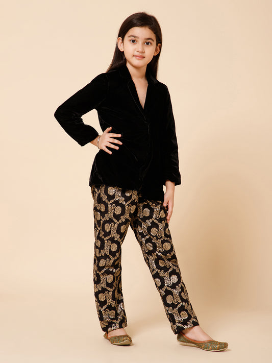 Girls Velvet Blazer With Printed Silk Trousers &amp; Belt