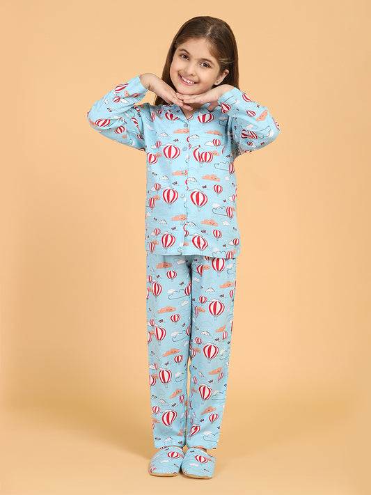 Blue Full Sleeves Parachute Printed Top and Pyjama Set