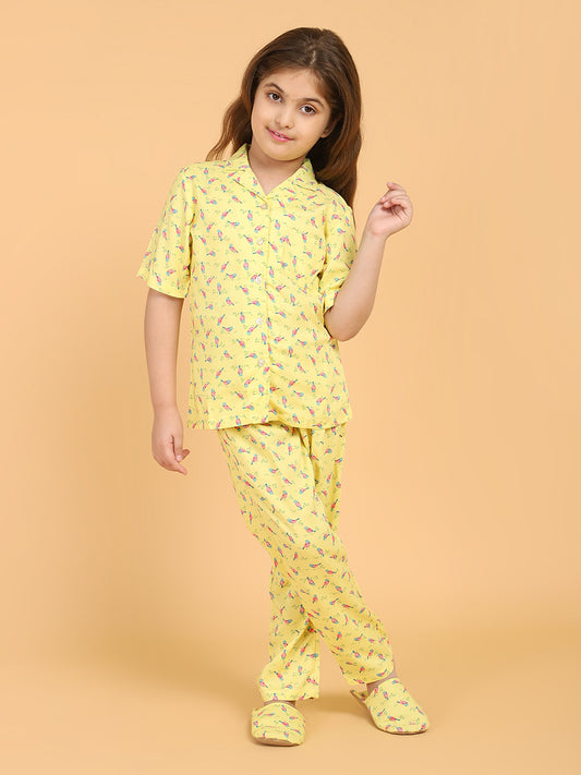 Girls Yellow &amp; Pink Printed Night suit