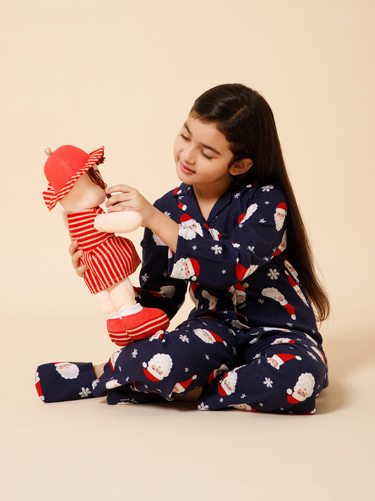 Piccolo-Santa Printed Night Suit With Slip Ons- Navy blue