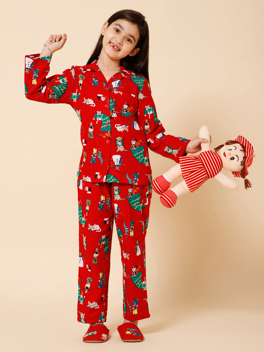 Piccolo-Christmas Tree Printed Night Suit With Slip Ons- Red