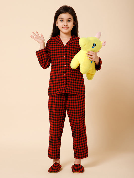 Piccolo-Printed Night Suit With Slip Ons- Red &amp; Black