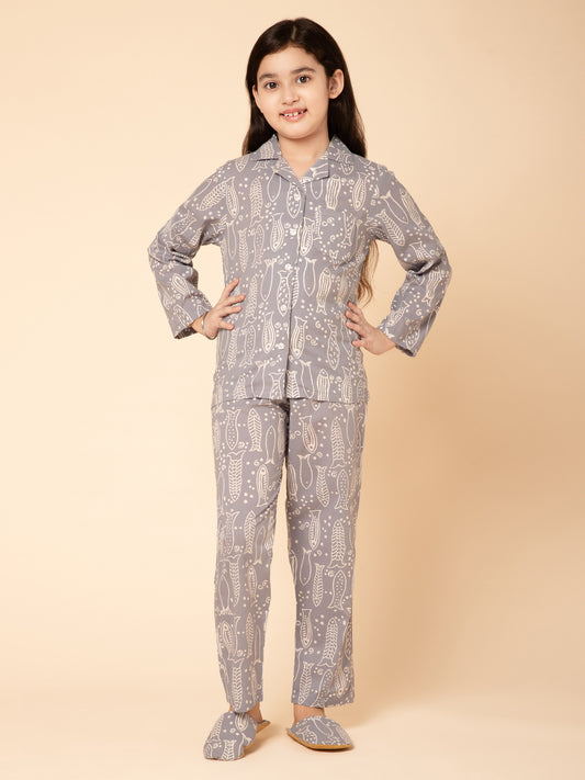 Printed Night Suit Grey