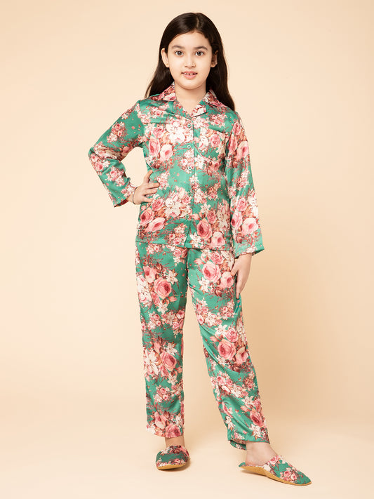 Satin Floral Print Night Suit Green