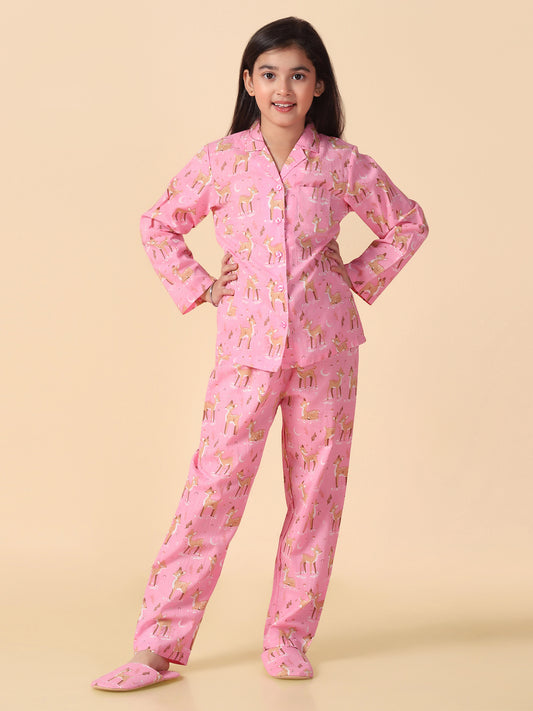 Pink Reindeer Printed Shirt and Pyjama with Slip Ons