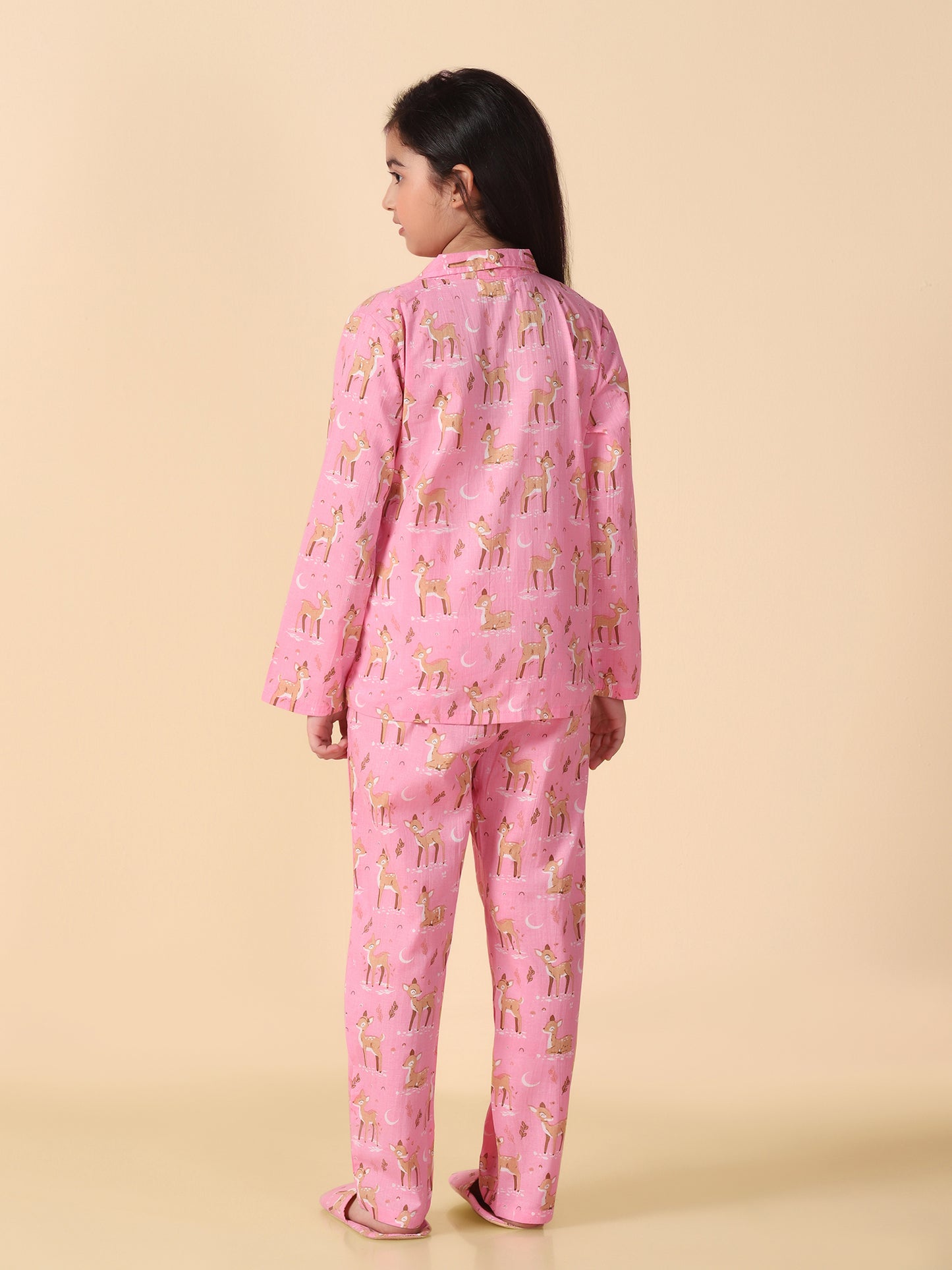 Pink Reindeer Printed Shirt and Pyjama with Slip Ons