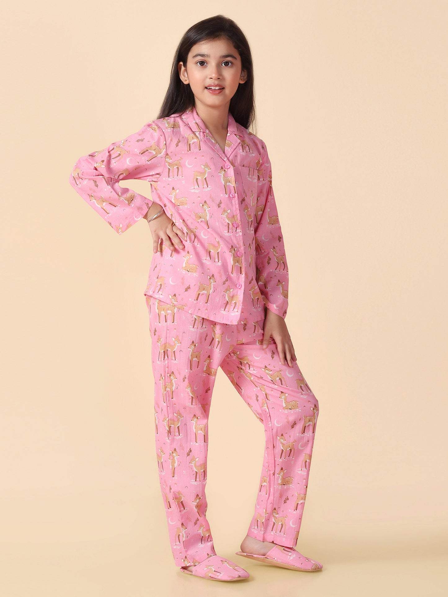 Pink Reindeer Printed Shirt and Pyjama with Slip Ons