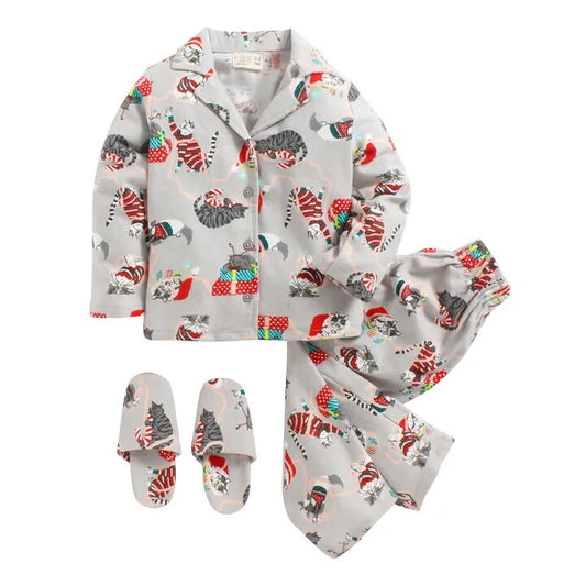 Gray Animal Cat Print  Shirt and Pyjama Set