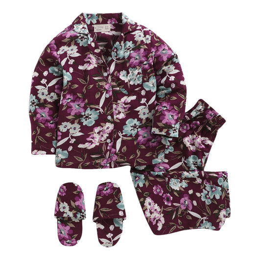 Floral Print Full Sleeves Top and Pyjama Set - Violet