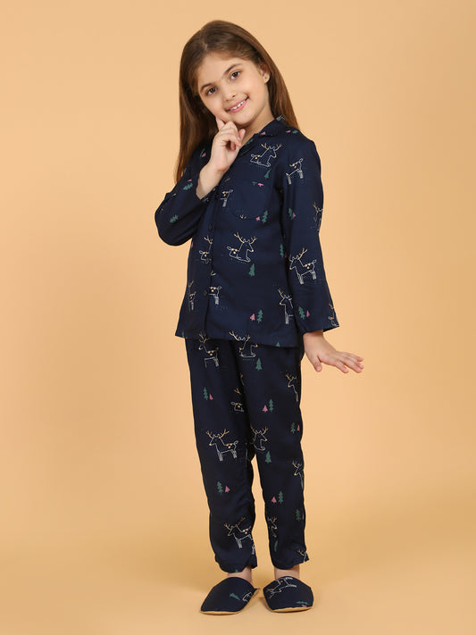 Navy Blue All Over Print Top & Pyjama Sets