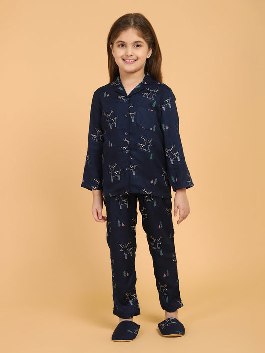 Navy Blue Animal Print Shirt With Pyjama Set